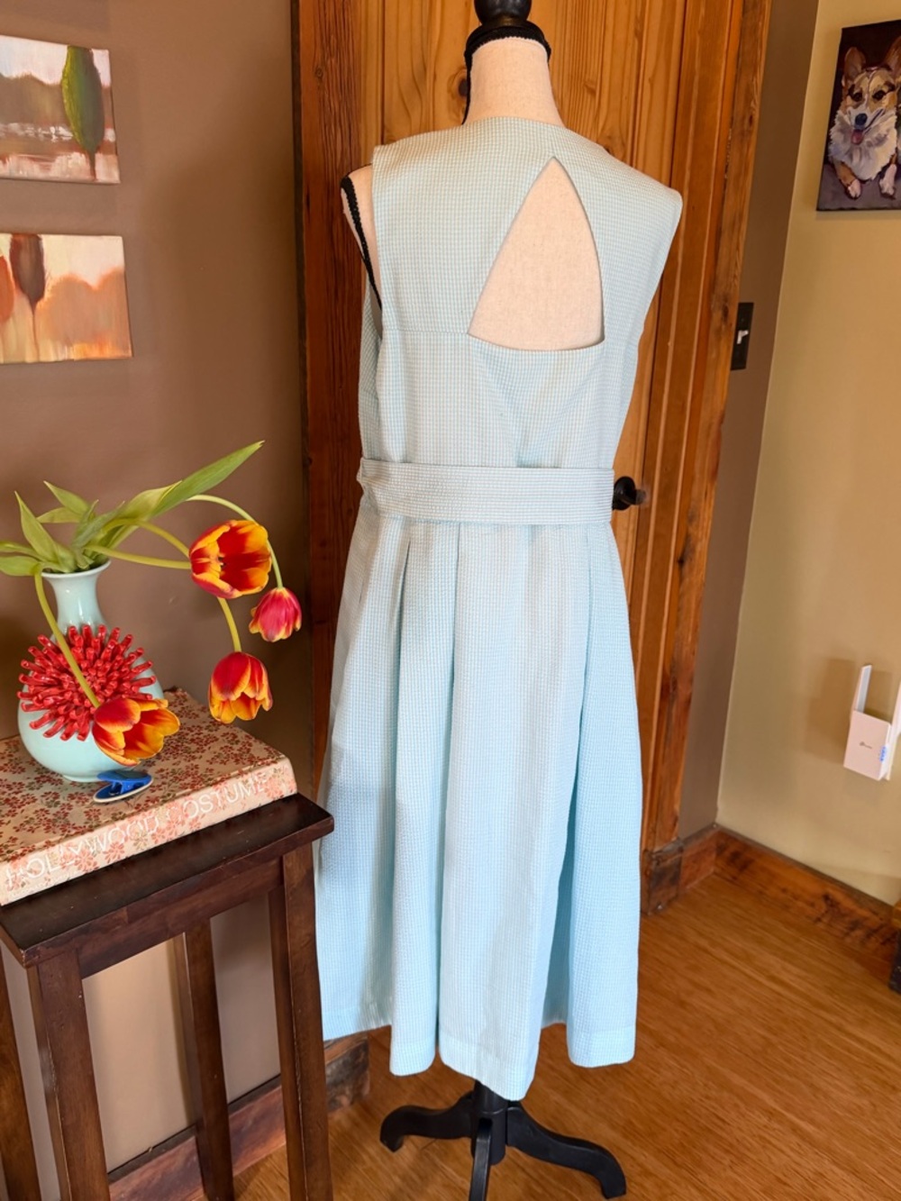 Donna Morgan Seersucker Sleeveless Belted Button-Front Dress w/ Keyhole back - Picture 3 of 5